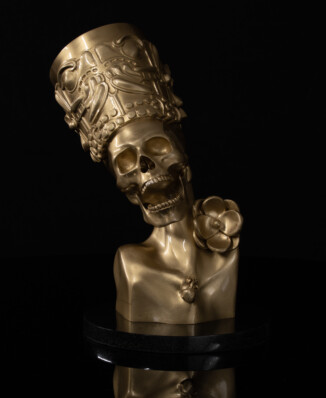 Coatlicue Nefertiti, escultura en bronce a la cera perdida, Perla Arroyo, Calavera Mexicana, arte contemporáneo mexicano, Ciudad de México 2024
