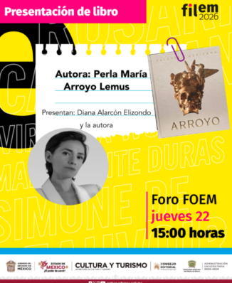 Perla Arroyo con el libro Arroyo. Calavera Mexicana. Símbolo de Vida, presentado en la FILEM 2026.